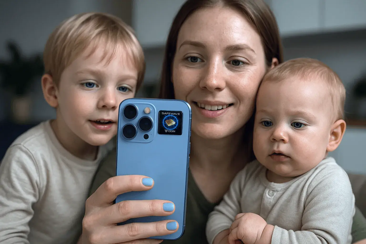 Mother and child using a phone protected by ODIN SafeWave.