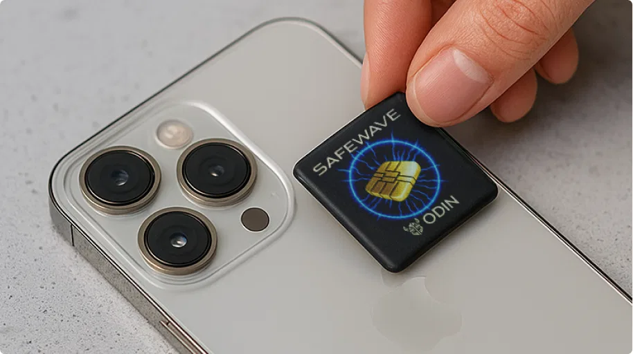 ODIN SafeWave EMF protection sticker on a mobile phone.